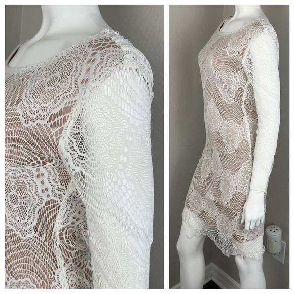 NAKED WARDROBE Crochet Lace Cowl Back Mini Dress Boho 70s Coquette Prairie Bride - Picture 6 of 16